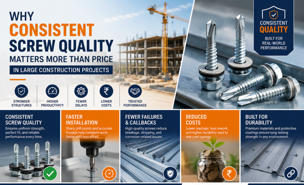 Consistent screw quality infographic for construction projects using premium self drilling screws by STX Screws