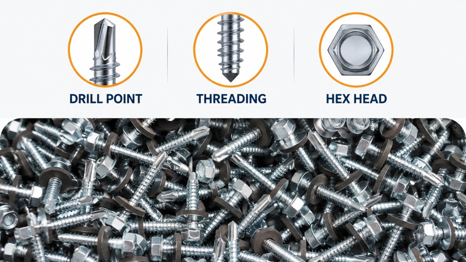 Hex self drilling screw showing drill point and hex head design