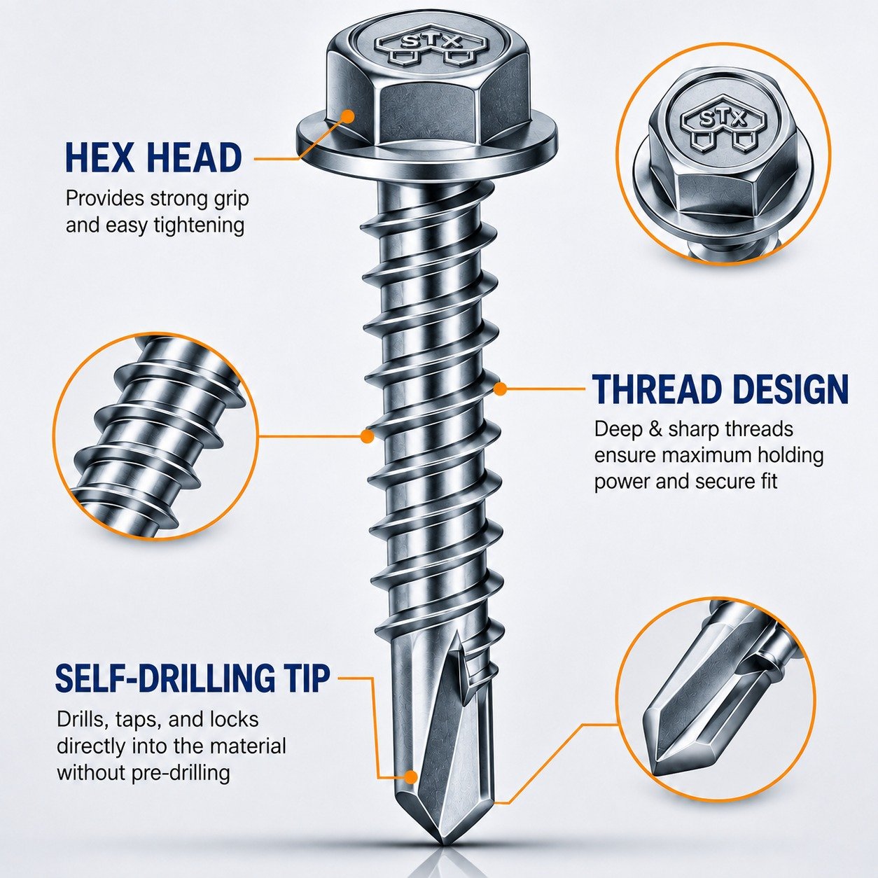 Hex self drilling screws with drill point and hex head